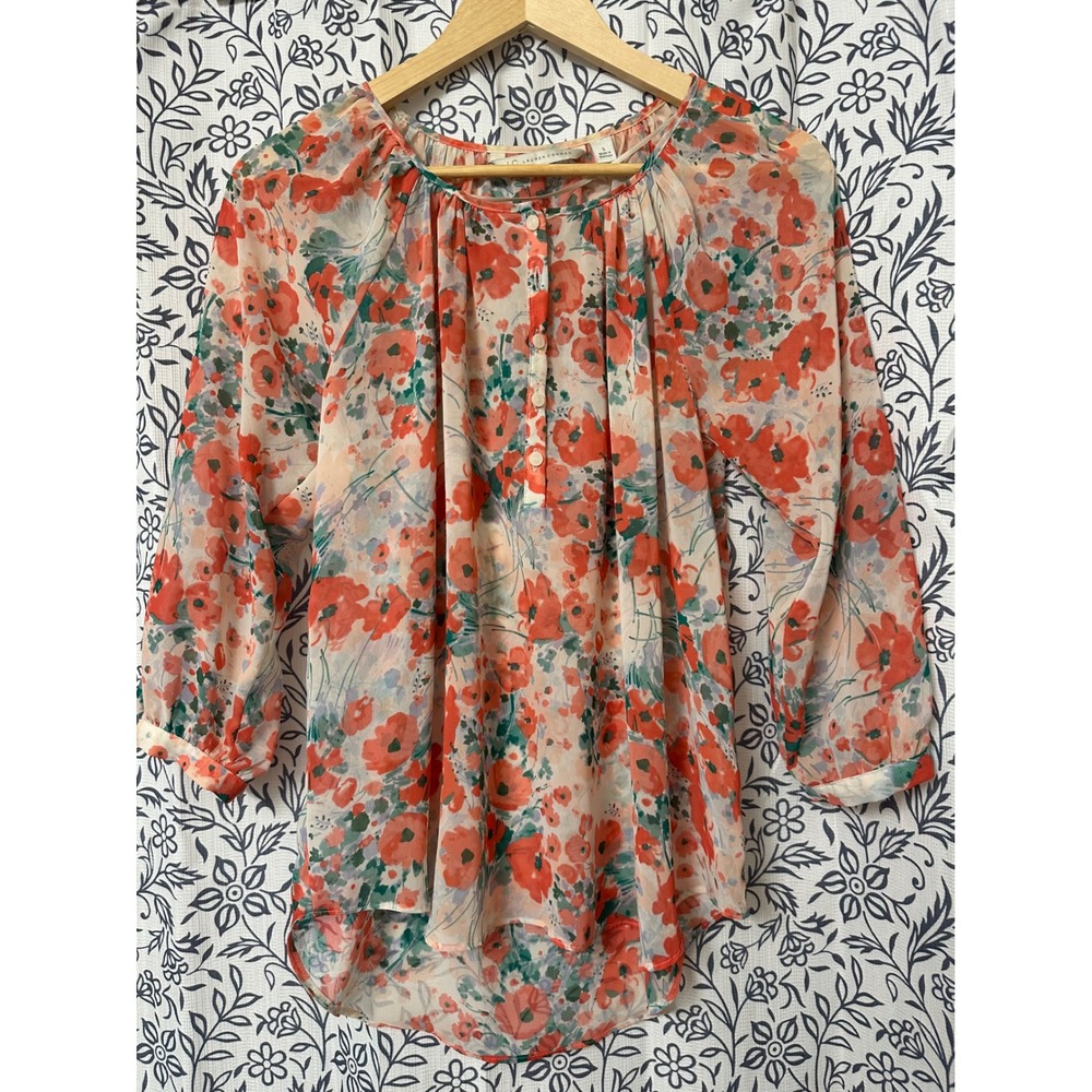 LC Lauren Conrad Orange Floral Poppy Sheer Blouse 3/4 Sleeve Button Front Small